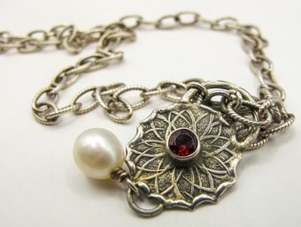 Sterling Chain Necklace With Sterling Flower Pendant And Pearl  12.81g