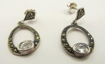Vintage Open Drop Earrings With Marcasite And Clear Stone 3.63g