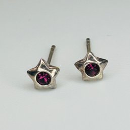 Sterling Silver Star Studs Pink Stone .7 G