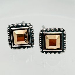 FD Sterling Silver Square Stud Earrings 1.03 G Gold Tone Detail