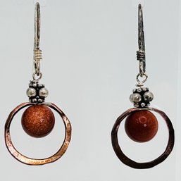 Sterling Silver Dangle Earrings With Orange Sparkle Bead , 4.66 G