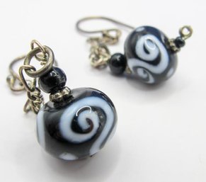 Sterling Dangle Earrings With Black Swirl Glass Beads 6.97g