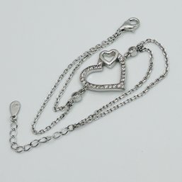 Rhinestone Heart Sterling Silver Double Cable Chain Bracelet 3.97 G