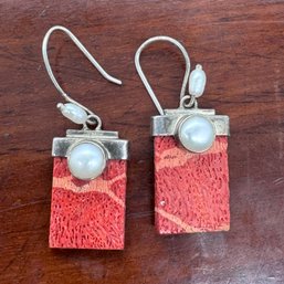 Sponge Coral & Pearl Earring - Sterling Setting - 5.49 Grams