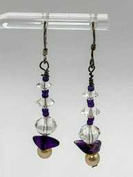 Sterling Dangle Earring With Clear And Purple Beads 2.85g