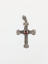 Sterling Rhinestone Cross W/ Red Glass Piece Pendant 4.7g