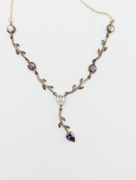 Sterling Purple & Clear Resin, Rolo Chain Necklace W/ Leaf Design 9.5g