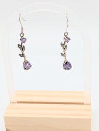 Sterling Purple Glass Stone Leaf Dangle Earrings 3.6g