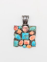 Sterling Multi Color Glass Stone Square Pendant 18.2g