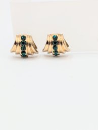 Sterling Green Rhinestones, Gold Tone, Screw Back Earrings 11.5g