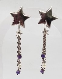 Pearl Amethyst Sterling Silver Star Earrings 8.1 G