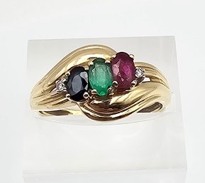 Diamond Emerald Ruby Sapphire 14K Gold Cocktail Ring Size 7.5 3.5 G
