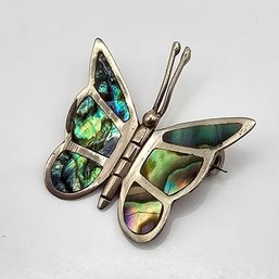 Mexico Taxco Abalone Sterling Silver Inlay Butterfly Brooch 2.9. G