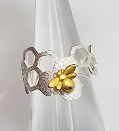 Sterling Silver Honeycomb Bee Open Ring 2.9 G