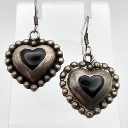 Mexico Taxco Onyx Sterling Silver Heart Earrings 10.8 G