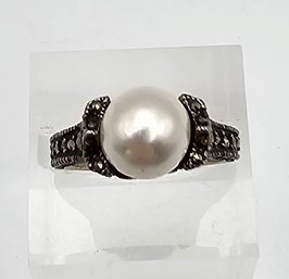 Pearl Marcasite Sterling Silver Cocktail Ring Size 5.75 4.5 G