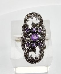 Marcasite Amethyst Sterling Silver Cocktail Ring Size 8.5 4.4 G