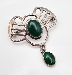 Natural Green Stone Sterling Silver Brooch 7.7 G