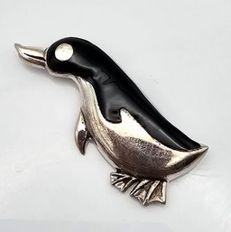 Enamel Sterling Silver Penguin Brooch 10.2 G