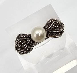 CW Pearl Marcasite Sterling Silver Cocktail Ring Size 7.25 4 G