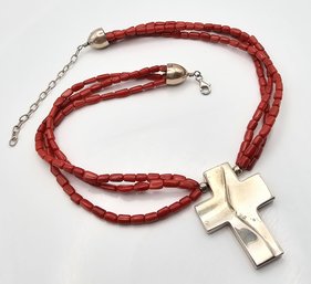 Jay King Mine Finds Coral Sterling Silver Cross Necklace 60 G