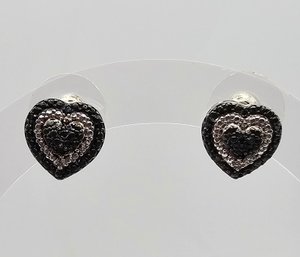 Black And White Diamond Sterling Silver Heart Earrings 3.1 G