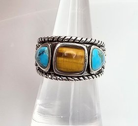 Tigers Eye Turquoise Sterling Silver Ring Size 6.5 11.7 G