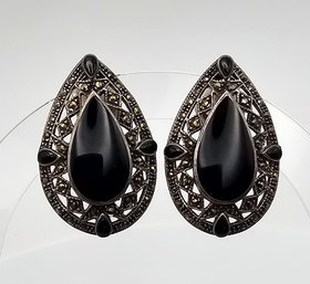 Onyx Marcasite Sterling Silver Earrings 13.8 G