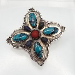 L-M Southwestern Turquoise Coral Sodalite Sterling Silver Pendant Brooch 15.5 G