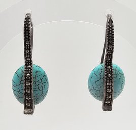 K Faux Turquoise Marcasite Sterling Silver Drop Dangle Earrings 8 G