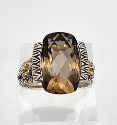 Barbara Bixby Smoky Quartz 18K Gold Sterling Silver Cocktail Ring Size 8.5 10.6 G