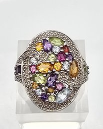 Signed Multi Gemstone Sterling Silver Cocktail Ring Size 8.5 8.9 G