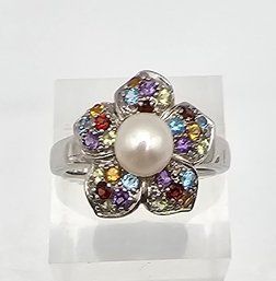 EA Pearl Multi Gemstone Sterling Silver Cocktail Ring Size 9.25 8.5 G