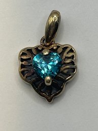Sterling Silver Vintage Gold Colored Heart Pendant With Bright Blue Stone, 2.21 G
