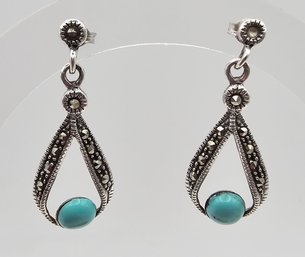 Turquoise Marcasite Sterling Silver Drop Dangle Earrings 4 G