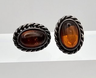 Amber Sterling Silver Cabochon Sterling Silver Earrings 2.9 G