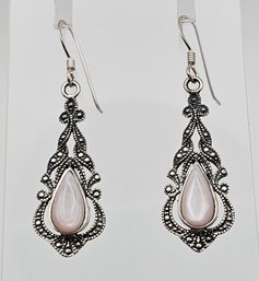 Mother Of Pearl Marcasite Sterling Silver Drop Dangle Earrings 4 G