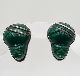 Mexico Parra Jade Carved Face Sterling Silver Earrings 12.1 G