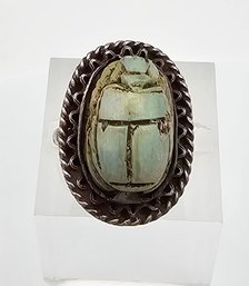 Turquoise Scarab Carced Egyptian Revival Sterling Silver Ring Size 5.75 6 G