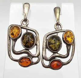 Green Yellow Red Amber Sterling Silver Drop Dangle Earrings 9.9 G