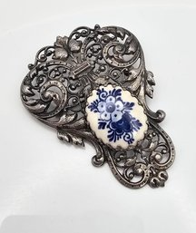 Vintage Delft Blue Sterling Silver Pendant Brooch 16.2 G