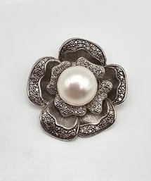 'GL' Pearl Diamond Sterling Silver Flower Pendant 8.9g