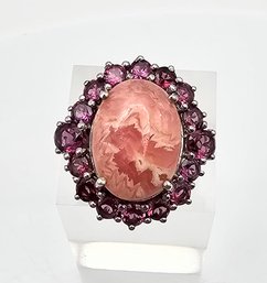 Rhodocrosite Rhinestone Sterling Silver Cocktail Ring Size 7.5 7.3 G