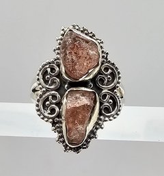 Raw Rose Quartz Sterling Silver Cocktail Ring Size 8 6.5 G