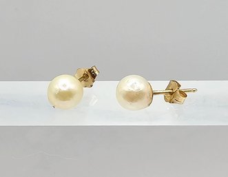 Pearl 14K Gold Earrings 0.9 G Approximately 6.5 Mm