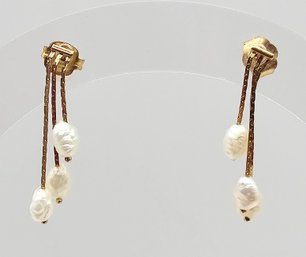 Signed Pearl 14K Gold Drop Dangle Earrings 0.7 G