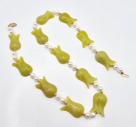 Fresh Water Pearl Jade 14K Gold Necklace 41.5 G