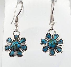 Turquoise Sterling Silver Drop Dangle Flower Earrings
