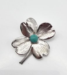 'HSB' Turquoise Sterling Silver Flower Brooch 5.3 G