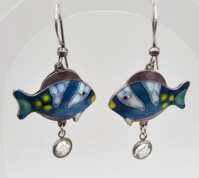 Enamel Rhinestone Sterling Silver Tropical Fish Drop Dangle Earrings 6.4 G